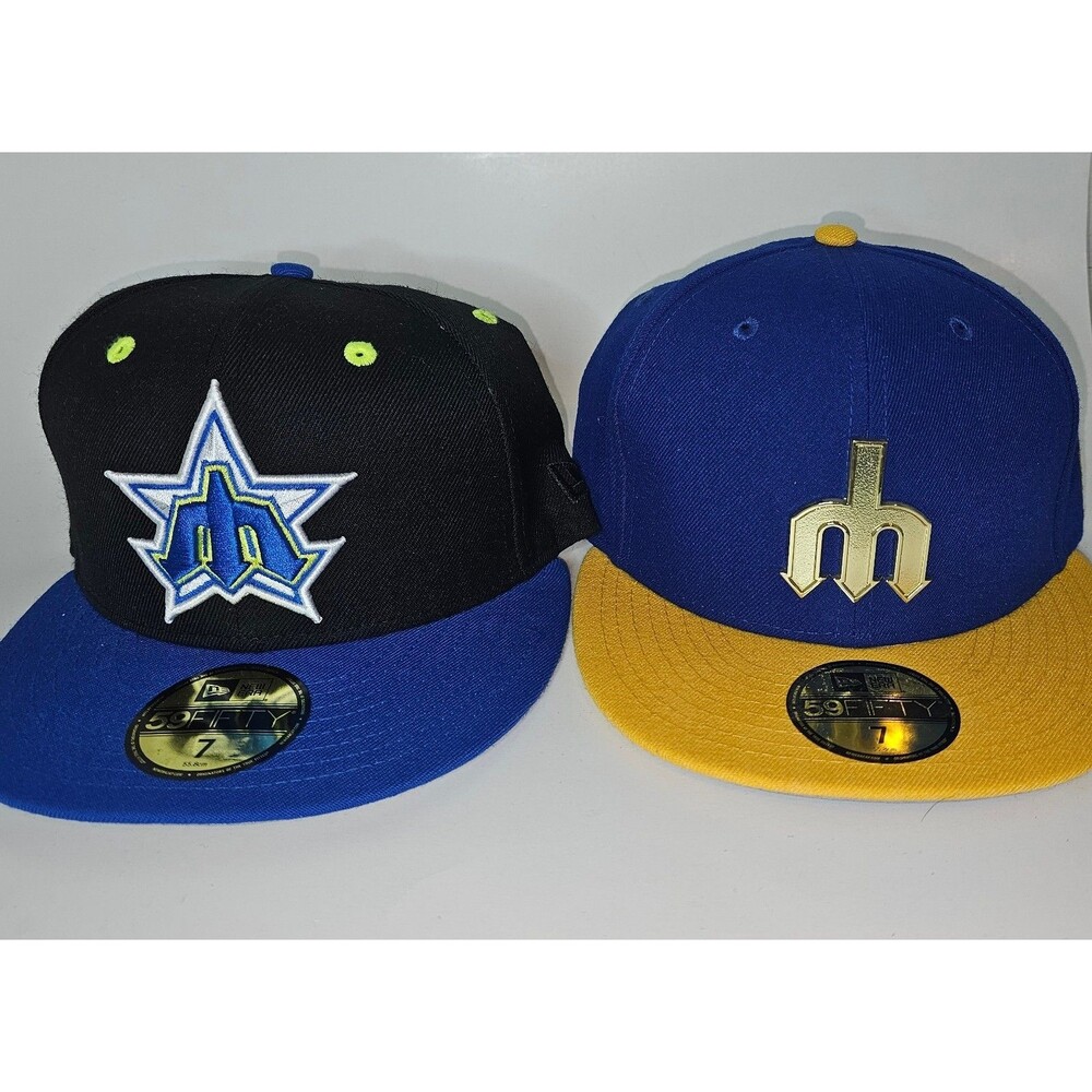 Lot 2 Seattle Mariners MLB Baseball New Era 59Fifty Hat Sz 7 Retro Logo Ichiro